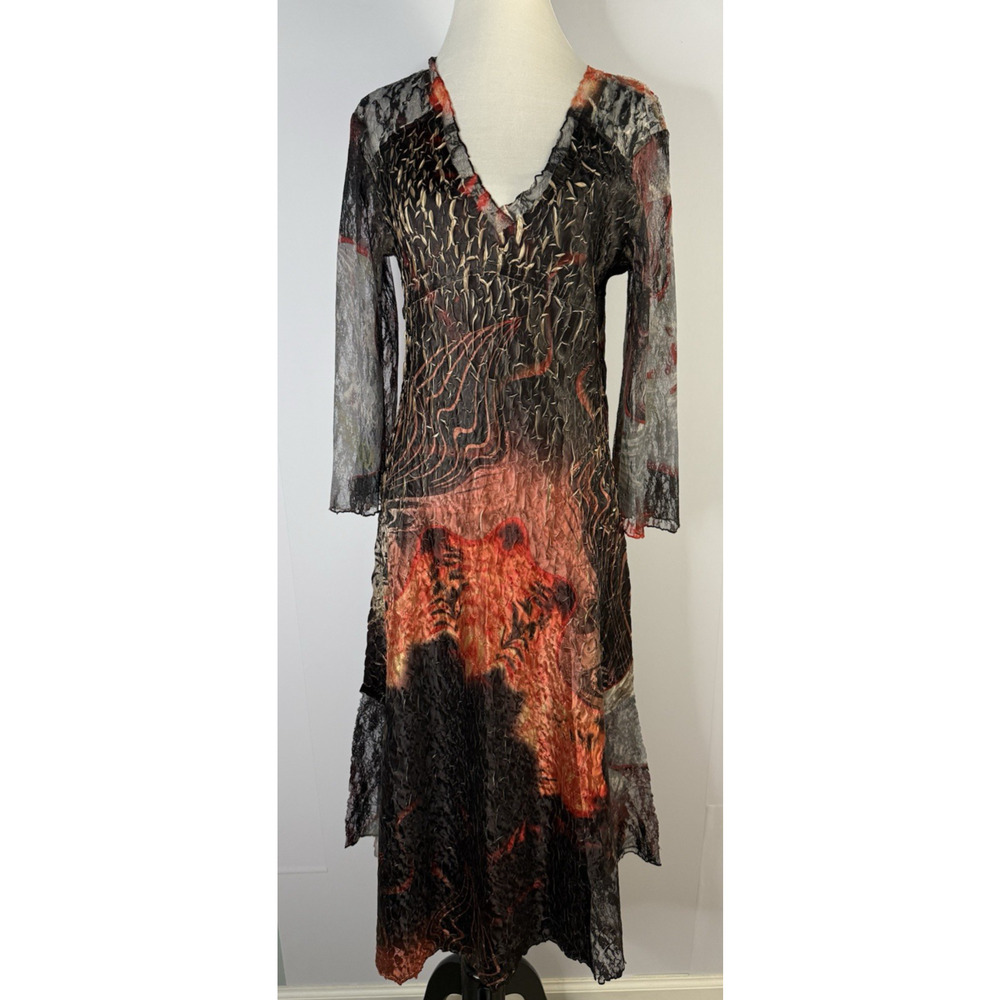 Lindi‎ Women's Sz L Crinkle Dress Wearable Art Whimsigoth Fairy Grunge Fire Lace